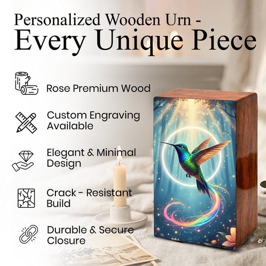 Green Hummingbird Wooden Urn for Ashes, Humming Bird Keepsake Urns