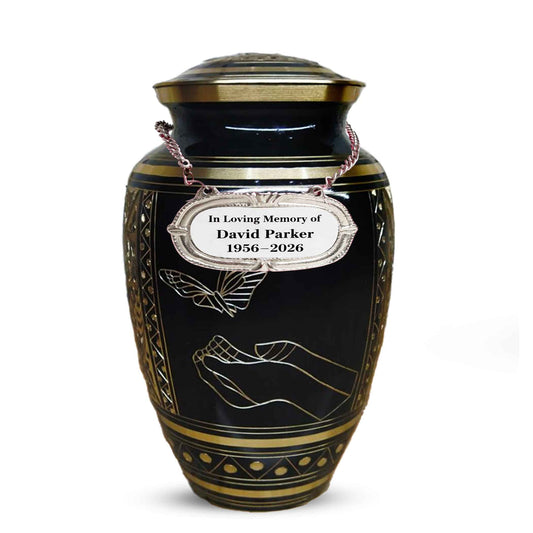Butterfly Urn For Ashes - Black and Gold Commemorative Brass Burial Urns (10", 200CU)