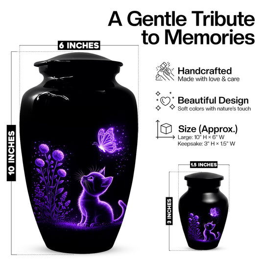Personalized Cat Memorial Urn For Ashes - Purple Butterfly Pet Urns for Cats