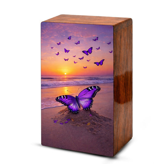 Purple Butterfly Urn For Ashes - Ocean Sunset Beach Keepsake Urns with Butterflies