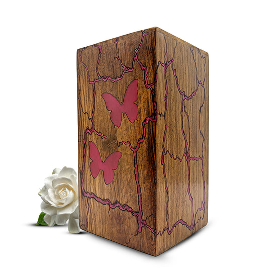 Pink Butterfly Wooden Urn For Ashes - Resin Keepsake Urns Box For Female