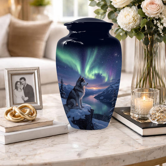Husky Dog Urn for Ashes - Aurora Borealis Mini Urns For Pets