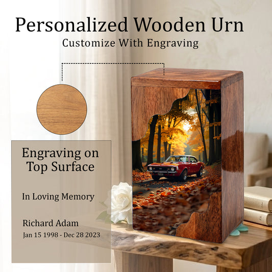Wooden Cremation Urn – Classic Car Memorial Design | Custom Wooden Urn for Human Ashes