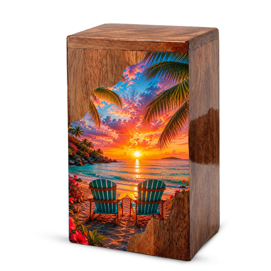 Tropical Beach Wooden Cremation Urn – Sunset Ocean Memorial Urn with Coastal Chair Artwork
