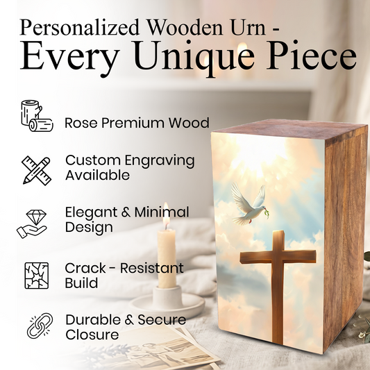 Dove Cross Urn For Ashes - Religious Wooden Cremation Urn Box