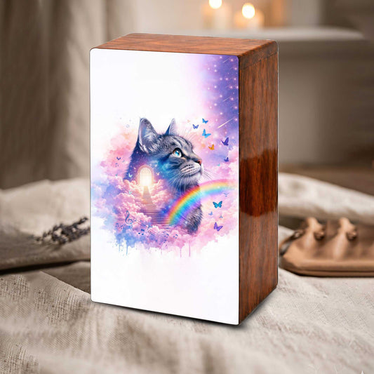 Rainbow Bridge Cat Urn for Ashes - Personalized Pet Keepsake Box - Cat Loss Gift