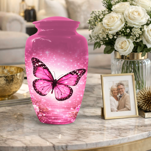 Pink Butterfly Adult Urn for Ashes, Personalized Cremation Urn for Mom