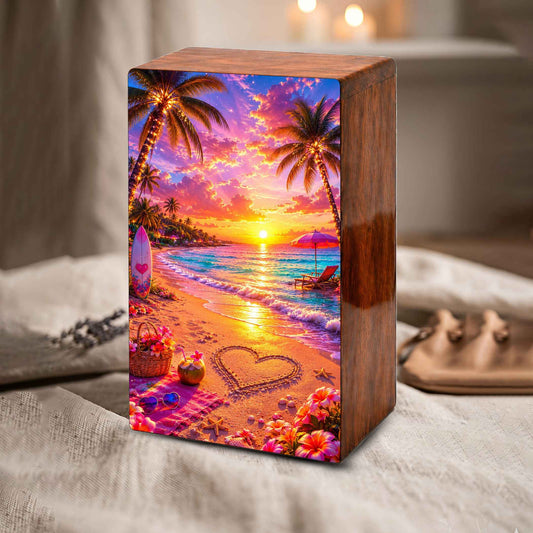 Ocean Heart Cremation Urn – Beach Wooden Urn Box for Male and Female