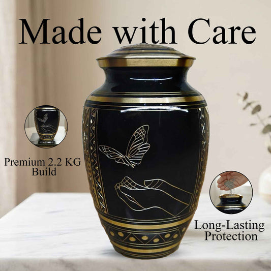 Butterfly Urn For Ashes - Black and Gold Commemorative Brass Burial Urns (10", 200CU)