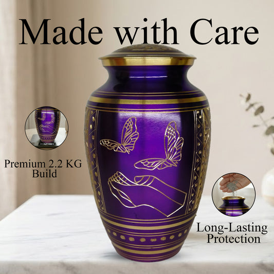 Purple Butterfly Engraved Urn For Ashes - Commemorative Brass Burial Urns (10", 200CU)