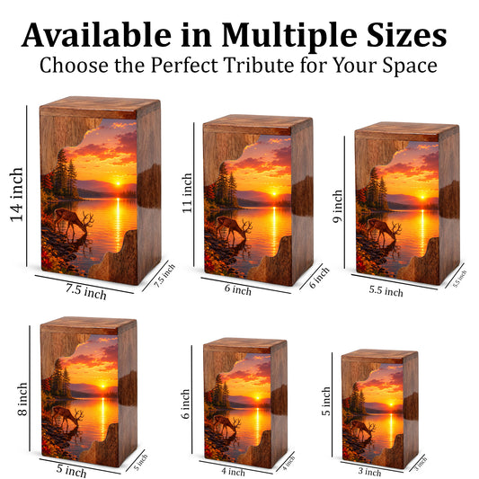 Personalized Deer Lake Wooden Cremation Urn – Peaceful Sunset Wildlife Memorial Urn | Wooden Urn for Human Ashes
