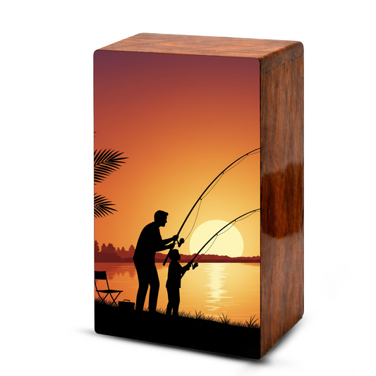 Father Son Fishing Wooden Cremation Urn - Sunset Memorial Urn for Dad