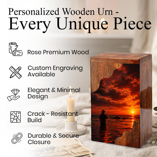 Fishing Wooden Cremation Urn – Sunset Fishing Memorial Urn for Dad | Wooden Urn for Human Ashes