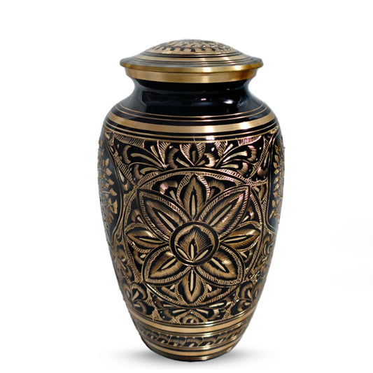 Flower Ground Burial Urns For Ashes - Hand Engraved Floral Brass Urn For Cremation