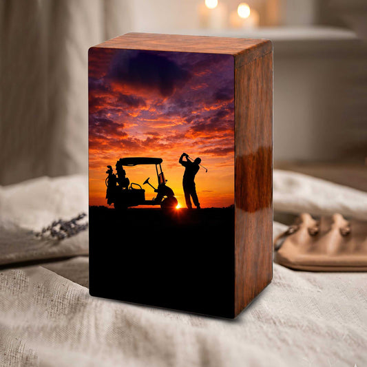 Golf Player Urn For Ashes Male - Sports Wooden Keepsake box For Dad