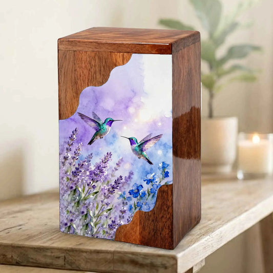 Purple Hummingbird Cremation Urn - Humming Bird Wooden Keepsake Urn Box