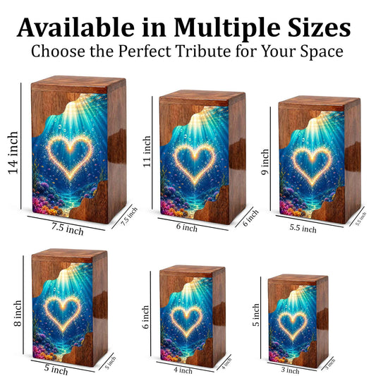 Personalized Ocean Heart Wooden Cremation Urn – Custom Memorial Urn with Underwater Heart