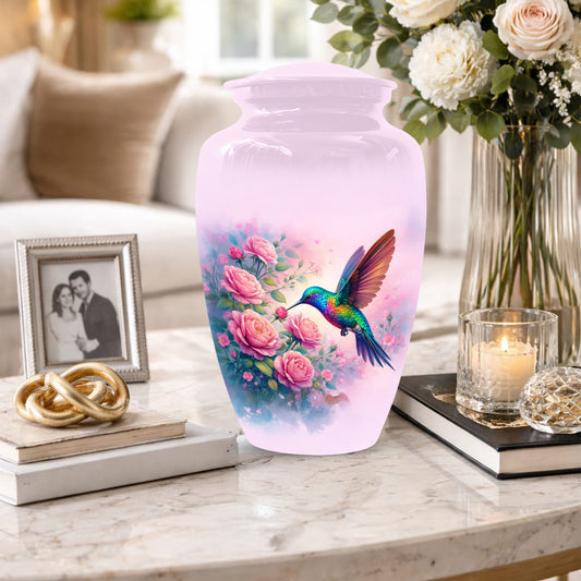 Hummingbird Cremation Urn for Ashes- Pink Rose Memorial for Mom | Personalized Floral Keepsake for Women