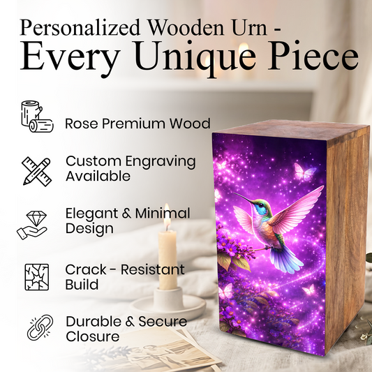 Purple Hummingbird Urn For Mom Ashes - Bird Wooden Mini Urns For Female