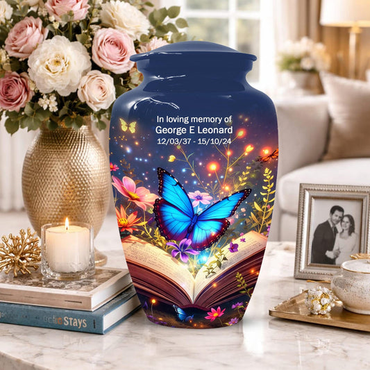 Blue Butterfly Urn For Women - Floral Cremation Keepsake Urns Sets For Female
