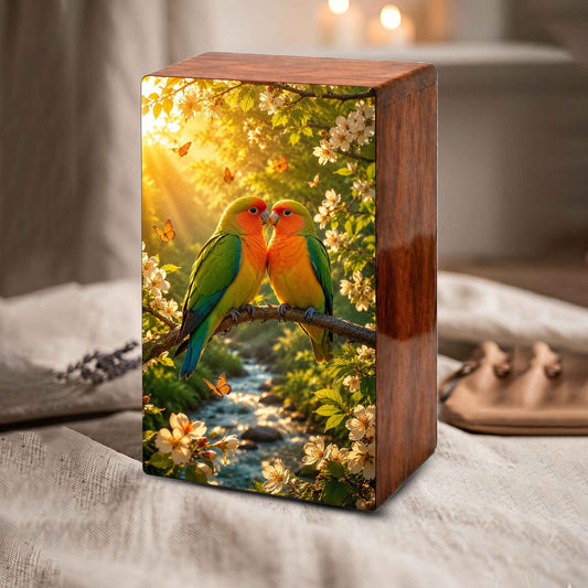 Love Bird Couple Cremation Urn – Companion Memorial Wooden Box for Ashes