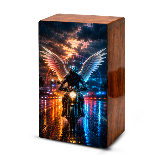Motorcycle Angel Urn For Ashes Male - Bike Rider Wooden Cremation Urns For Dad