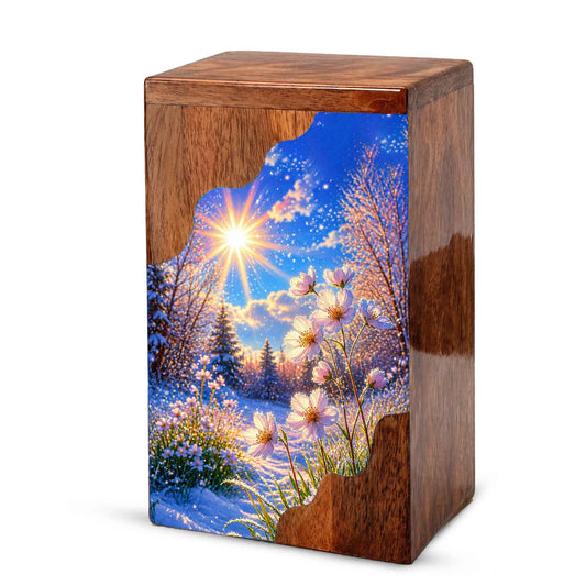 Winter Wildflower Wooden Cremation Urn – Sunlit Snow Memorial Urn with Floral Meadow
