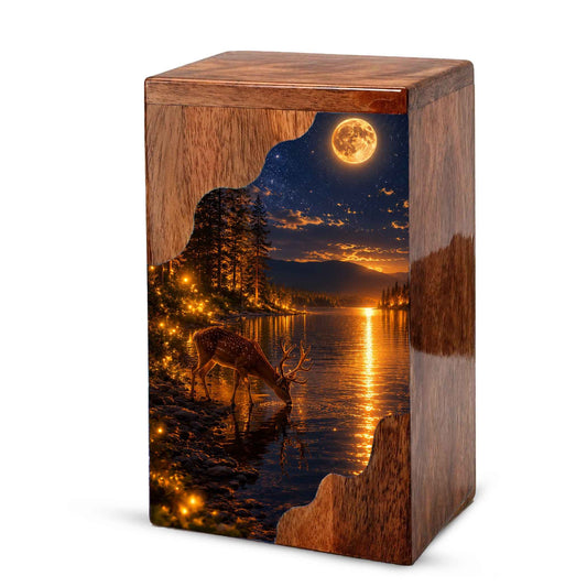 Moonlit Deer Wooden Cremation Urn – Personalized Memorial Urn for Human Ashes