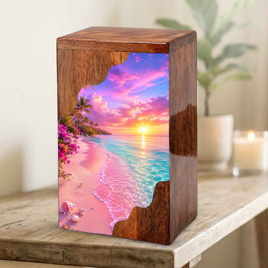 Tropical Sunset Beach Wooden Cremation Urn – Personalized Memorial Urn for Human Ashes