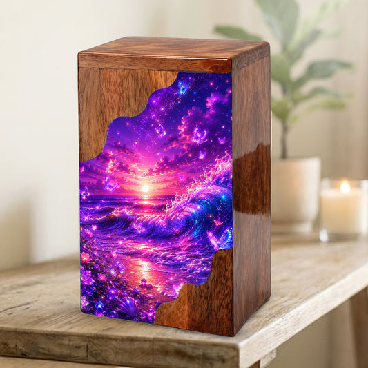 Celestial Ocean Wooden Cremation Urn – Beach Theme Wooden Urn for Human Ashes