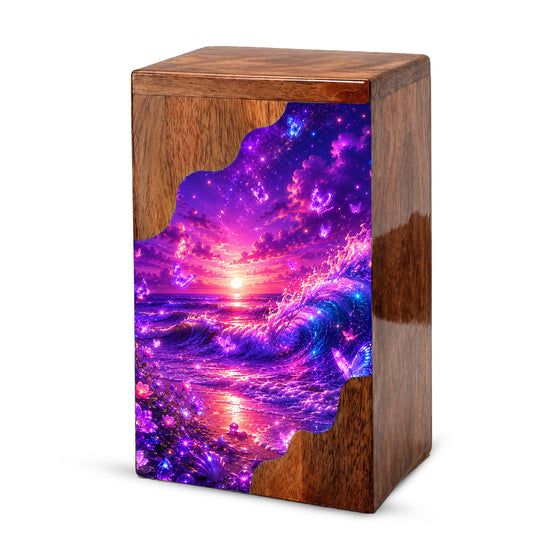 Celestial Ocean Wooden Cremation Urn – Beach Theme Wooden Urn for Human Ashes