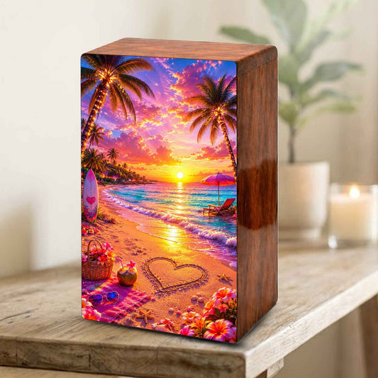 Ocean Heart Cremation Urn – Beach Wooden Urn Box for Male and Female