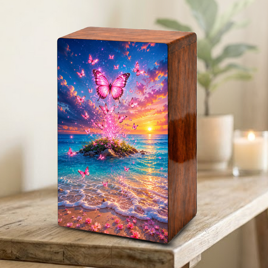 Pink Butterfly Beach Urn For Ashes Women - Nature Scene Cremation Urns With Butterflies