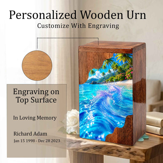Tropical Ocean Wave Wooden Cremation Urn – Personalized Memorial Urn for Human Ashes