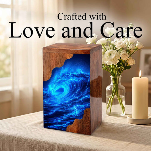Ocean Wave Wooden Cremation Urn – Eternal Ocean Memorial Urn with Blue Wave Artwork