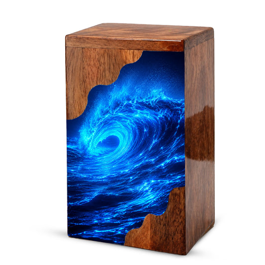 Ocean Wave Wooden Cremation Urn – Eternal Ocean Memorial Urn with Blue Wave Artwork
