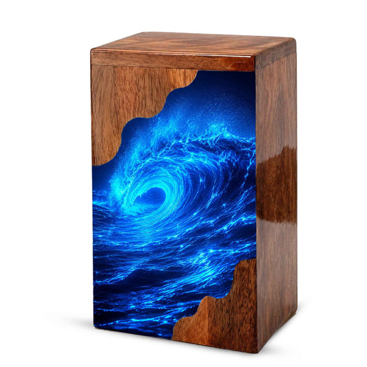 Ocean Wave Wooden Cremation Urn – Eternal Ocean Memorial Urn with Blue Wave Artwork