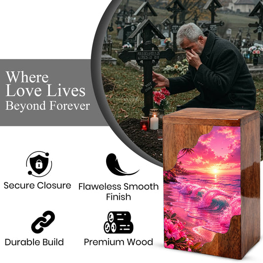 Pink Ocean Wooden Cremation Urn – Beach Theme Wooden Urn for Human Ashes