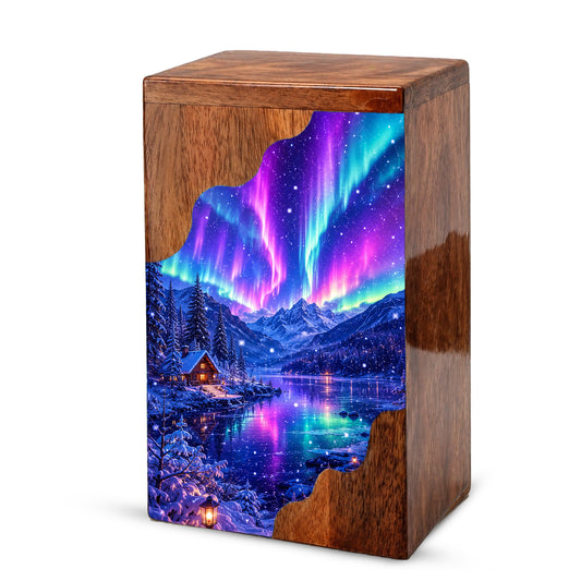 Aurora Borealis Wooden Cremation Urn – Northern Lights Memorial Urn for Human Ashes