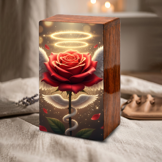Red Rose Wooden Urn for Ashes - Angel Wings Memorial Keepsake Urn Box