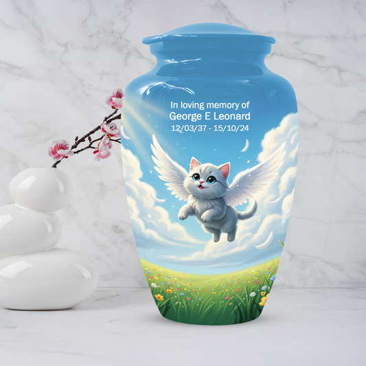 Personalized Angel Cat Urn for Ashes – Metal Pet Memorial Urns for Cat Ash | Rainbow Bridge Cat Loss Gift