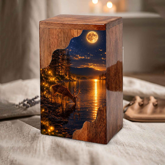 Moonlit Deer Wooden Cremation Urn – Personalized Memorial Urn for Human Ashes