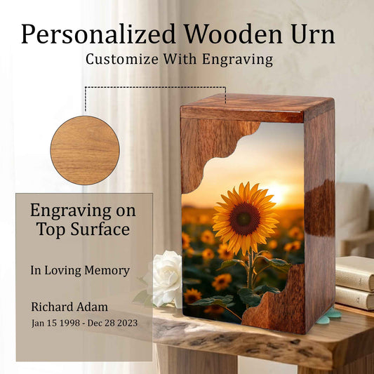 Wooden Cremation Urn – Sunflower Memorial Urn | Custom Wooden Urn for Human Ashes