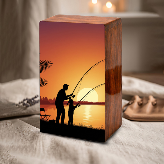 Father Son Fishing Wooden Cremation Urn - Sunset Memorial Urn for Dad