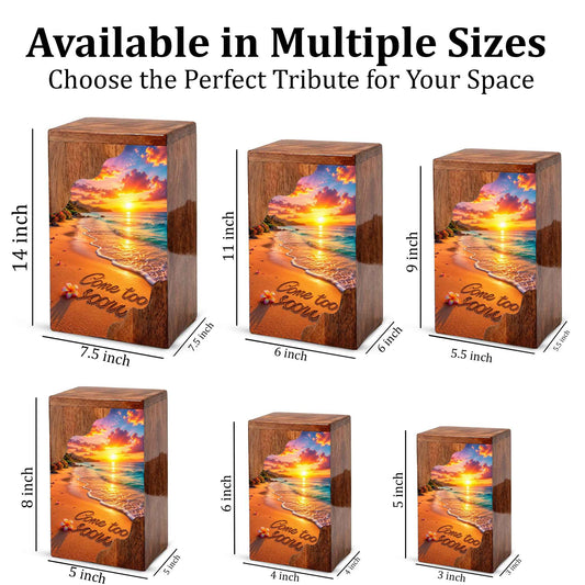 Beach Sunset Wooden Cremation Urn – Coastal Memorial Urn with Ocean Sunset