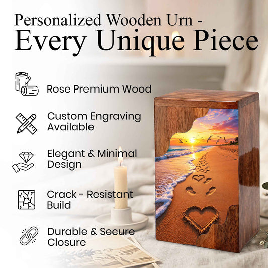 Beach Sunset Wooden Cremation Urn – Ocean Memorial Urn with Footprints in the Sand