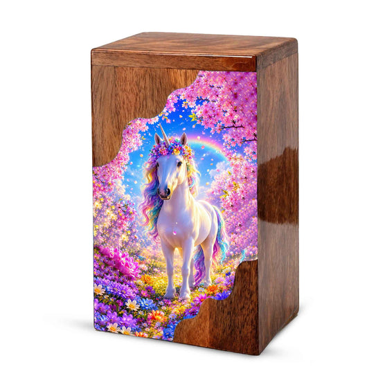 Unicorn Wooden Cremation Urn – Personalized Memorial Urn for Human Ashes | Rainbow Fantasy Wooden Urn