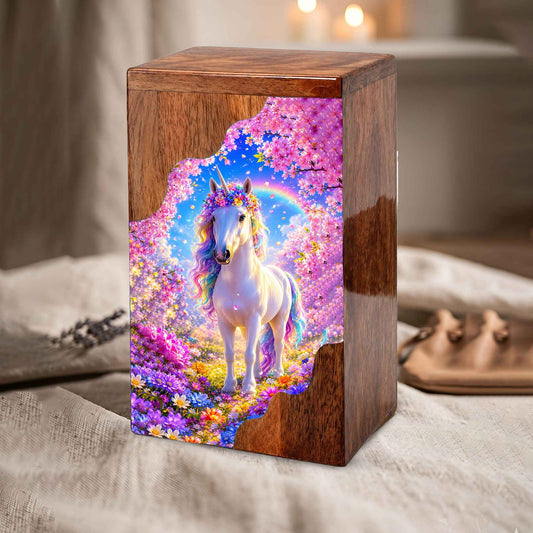 Unicorn Wooden Cremation Urn – Personalized Memorial Urn for Human Ashes | Rainbow Fantasy Wooden Urn
