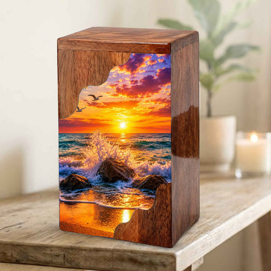 Ocean Sunset Wooden Cremation Urn – Coastal Memorial Urn with Peaceful Wave