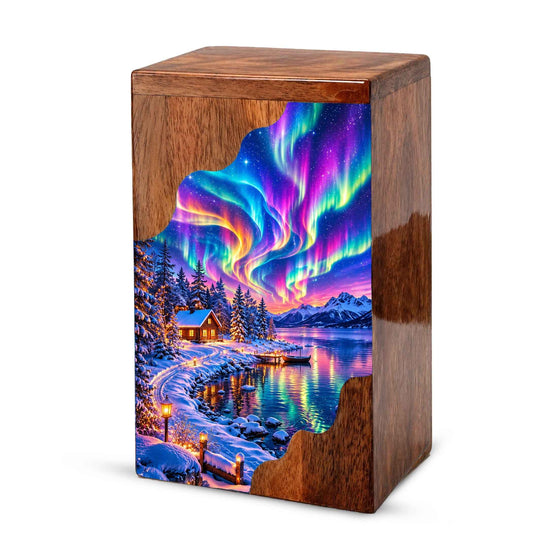 Northern Lights Wooden Cremation Urn – Aurora Borealis Winter Memorial Urn with Snowy Lake
